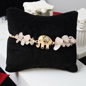 Rose Quartz Crystal Beaded Elephant Bracelet Adjustable String Gold Enamel Charm